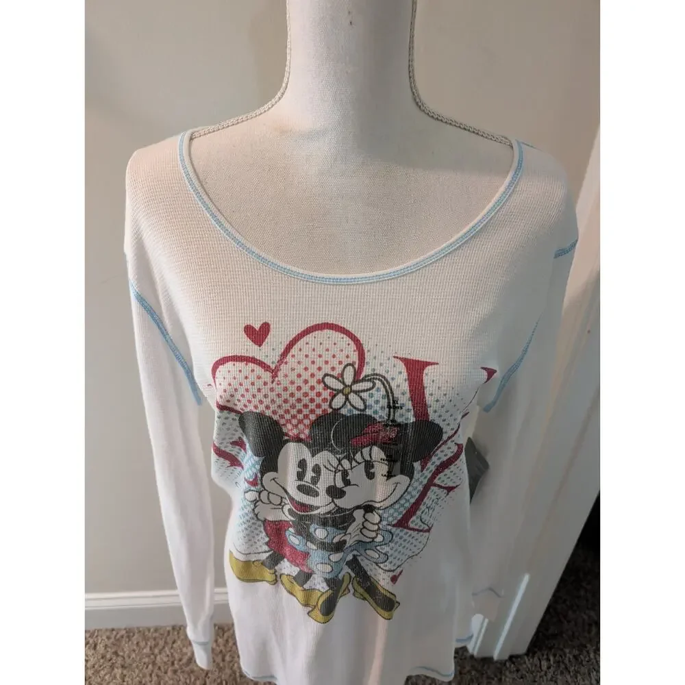 Women's Disney Japan Mickey & Minnie LOVE Shirt XL White Long Sleeve thermal NEW - Picture 3 of 11